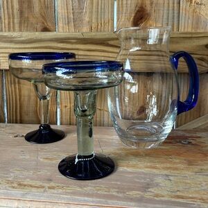 3 Piece Set 2 Mexican Hand Blown Margarita Glasses & Pitcher Cobalt Blue Trim